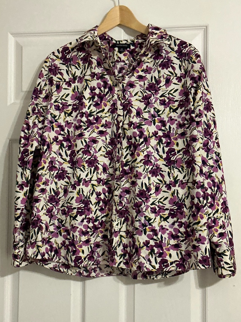 Lands' End Plus Sized Supima Cotton Purple Floral Button-Down Shirt
